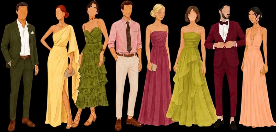Huit invités en tenue de soirée, dans les couleurs du mariage : vert olive, jaune beurre, vert mousse, rose, bordeaux et pêche.